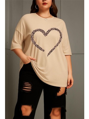Oksit Love Kadın Büyük Beden Battal Baskılı Bisiklet Yaka Pamuklu T-Shirt Rahat Kesim Unisex Sevgili Kombini