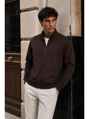 Valiberta Nova Pike Dokulu Regular Fit Fermuarlı Erkek Sweatshirt - Kahve