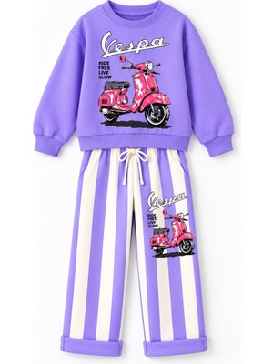 Yiğit Butik Kız Çocuk Scooter Baskılı Çizgili Pantolonlu Alt Üst Takım