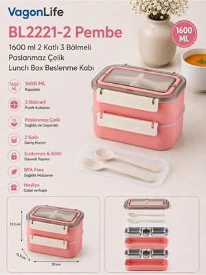 Maison Luré Beslenme Çantası BL2221-2 Pembe 1600 ml 2 Katlı 3 Bölmeli Paslanmaz Çelik Beslenme Kabı