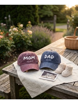 Emybox Mom Dad Çift Şapka 2027 Serisi - Yıkamalı Eskitme Kumaş Ayarlanabilir Ölçü Tokalı Baskılı Hatıra Şapkası