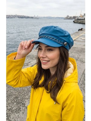 Emybox Zincir Detaylı Siyah Deri Kasket Şapka Kadın Kışlık Newsboy Şapkası Suni Deri Şık Kasket Modeli