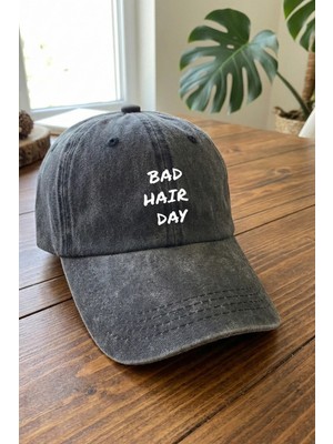 Emybox Bad Hair Day Yazılı Yıkamalı Unisex Şapka - Eskitme Metal Tokalı Ayarlanabilir Baskılı Beyzbol Şapka