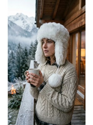 Emybox Rus Şapkası Kadın Ushanka Kürk Kalpak - Soğuk Geçirmez Kulaklı Ponponlu Kışlık Şapka