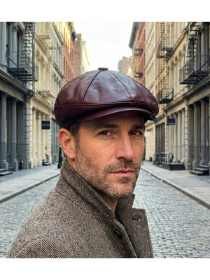 Emybox %100 Hakiki Deri 8 Köşe Kasket Şapka - Peaky Blinders Tarzı Lastikli Erkek Şapka