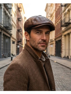 Emybox %100 Hakiki Deri 8 Köşe Kasket Şapka - Peaky Blinders Tarzı Lastikli Erkek Şapka