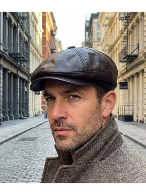 Emybox %100 Hakiki Deri 8 Köşe Kasket Şapka - Peaky Blinders Tarzı Lastikli Erkek Şapka