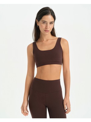 Ayma Active Kahverengi Organik Pamuk Low Back Bra Sırt Dekolteli Göğüs Pedli Yoga Pilates Sütyeni