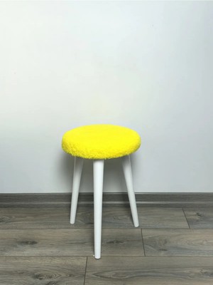 Maison Luré Puf & Bench Peluş Puf Dekoratif Ahşap 3 Beyaz Ayaklı Tabure