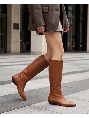 Futsi Shoes Isabella Taba Hakiki Deri Kısa Topuklu Çizme