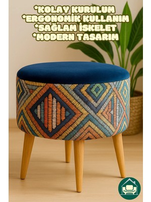 Maison Luré Puf & Bench Retro Gürgen Ahşap Ayaklı Dekoratif Etnik Lacivert Silindir Puf