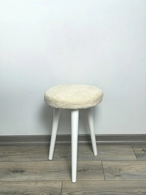 Maison Luré Puf & Bench Peluş Puf Dekoratif Ahşap 3 Beyaz Ayaklı Tabure
