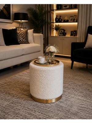 Maison Luré Puf & Bench Ekru Peluş Silindir Puf Dekoratif Oturma Pufu