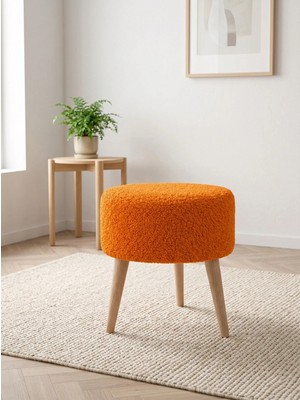 Maison Luré Puf & Bench Ahşap Ayaklı Turuncu Welsoft Kumaş Puf Tabure 40X42 cm
