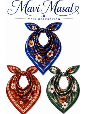 Mavi Masal Kadın Fular Çiçek Desenli 3 Lü Set Kadın Fular Şık Desenli Boyun Fuları Saç ve Çanta Aksesuarı Renkli Fular