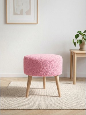 Maison Luré Puf & Bench Welsoft Kumaş Yuvarlak Puf Ahşap Ayaklı Demonte Modern Puf Tabure 40X42 cm