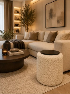 Maison Luré Puf & Bench Ahşap Üstlü Yuvarlak Bukle Puf
