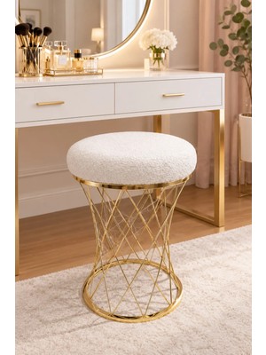 Maison Luré Puf & Bench Nikelajlı Beyaz Peluş Puf Tabure Yuvarlak Makyaj Dekoratif Oturma 33X50 cm