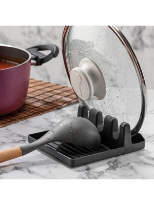 Happy Trend Kapak Tutuculu Kaşıklıklı Tencere Kapağı Standı Pratik Kaşık Kepçe Altlığı Düzenleyici Organizer