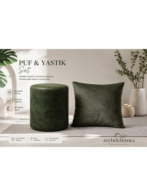 Maison Luré Puf & Bench 1. Zeybek Homee Haki Yeşil Puf & Kırlent Seti – Modern Dekoratif Ikili Takı