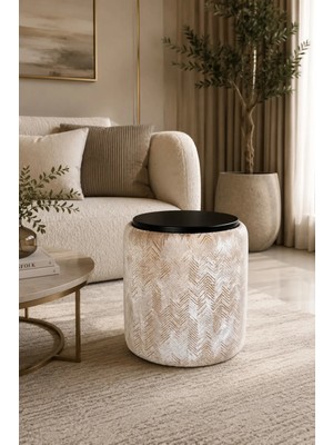 Maison Luré Puf & Bench Dokuma Kumaş Puf Sehpa 40X46 cm Yuvarlak Oturma Pufu Dekoratif