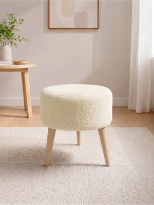 Maison Luré Puf & Bench Welsoft Kumaş Yuvarlak Puf Ahşap Ayaklı Demonte Modern Puf Tabure 40X42 cm