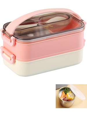 Happy Trend Bento Lunch Box Ofis-Okul Için Yeni Nesil Sefer Tası -Çorba Kaseli Model-Paslanmaz Çelik Pembe