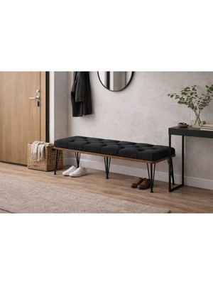 Maison Luré Puf & Bench Metal Ayaklı Bench Puf 100X40 cm Siyah Kapitone Oturak Bank