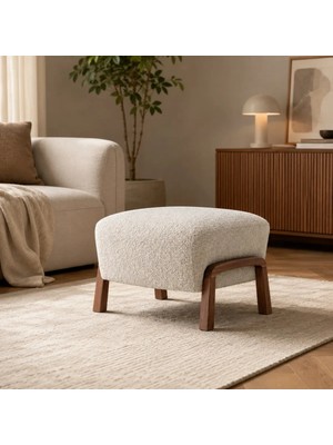 Maison Luré Puf & Bench Bukle Puf Ahşap Ayaklı Dekoratif Oturma Pufu Krem 50X50 cm