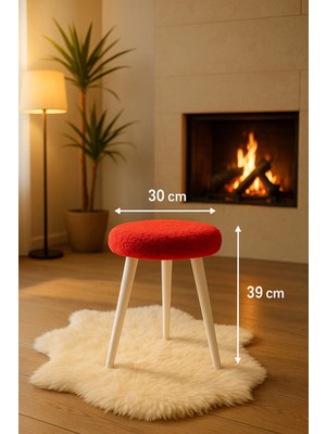 Maison Luré Puf & Bench Peluş Puf Dekoratif Ahşap 3 Beyaz Ayaklı Tabure