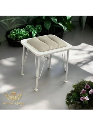 Maison Luré Puf & Bench Novo White Wood Ekru Tekli 40X45 cm Beyaz Metal Ayaklı