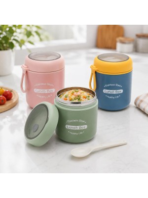 Happy Trend Paslanmaz Çelik Yemek Termosu 530 Ml, Kaşıklı Taşınabilir Yemek Kabı, Çelik Iç Hazneli Lunch Box, Askılı Kapaklı Saklama Kabı, Pembe Yeşil Mavi Renk Seçenekli