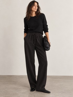 Sobasic Okula Uygun Geniş Paça Palazzo 80's Beli Lastikli Rahat Kesim Kalın Tencel Kumaş Pantolon