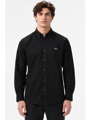Lacoste Mens Slim Fit Black Cotton Shirt Dar Kesim Pamuklu Erkek Gömlek Siyah