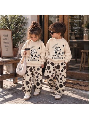 Cg Kids Inek Desenli Sweatshirt Krem Siyah Baskılı Lastikli Paça Eşofman Kız & Erkek Çocuk Alt Üst Takım