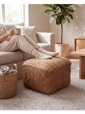Maison Luré Puf & Bench Büyük Hasır Puf-Dekoratif El Örgüsü Puf-Bohem Balıksırtı