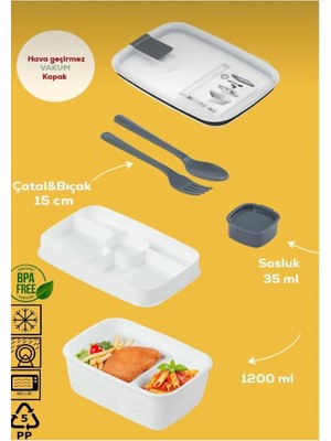 Maison Luré Beslenme Aksesuarı 2 Katlı Bölmeli Sosluklu Çatal Kaşıklı Vakum Kapaklı Beslenme Kabı