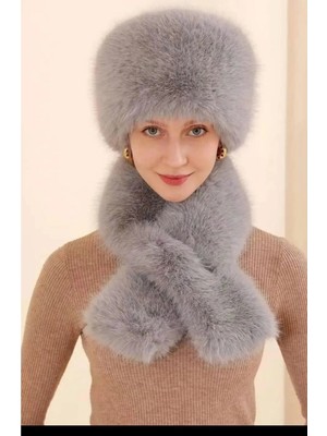 Emybox Son Trend Kışlık Eskimo Rus Slav Tarzı Suni Kürk Peluş Kalpak Atkı Takım Tüylenmez