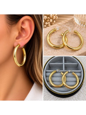 Fm 💎 Premium Parlak ve Şık Gold Renk Büyük Boy Kalın Halka 316L Çelik Kadın Küpe
