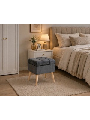 Maison Luré Puf & Bench Antrasit Gri Sandıklı Makyaj Masası Pufu