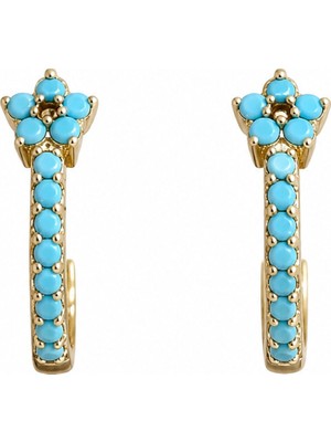 Nes Design 14K Özel Seri Çiçek Detaylı Turkuaz Küpe