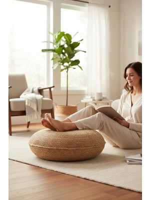 Maison Luré Puf & Bench Hasır Jüt Büyük Yuvarlak Yassı Puf 60X18 cm