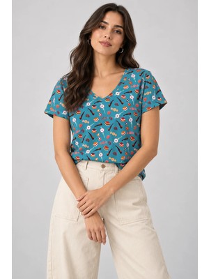 Prolet Kadın %100 Pamuk V Yaka Kısa Kollu T-Shirt - Turkuaz Şekerleme
