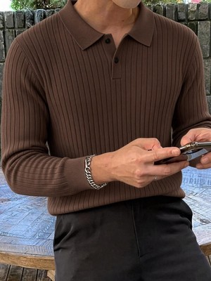 Oksit Rawi Erkek Slim Fit Fitilli Triko Polo Yaka Kazak - Uzun Kollu Düğmeli Polo Yaka Örgü Triko Kazak