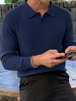 Oksit Rawi Erkek Slim Fit Fitilli Triko Polo Yaka Kazak - Uzun Kollu Düğmeli Polo Yaka Örgü Triko Kazak