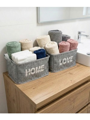 Handyol 2'li Banyo Havlu Düzenleyici Home & Love Baskılı Desenli Kumaş Çelik Destekli Organizer 30×24×18 cm