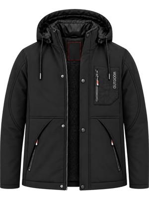 Sivaist Erkek Siyah Kapüşonlu Kışlık Softshell Suya Dayanıklı Fermuarlı Cepli Outdoor Mont
