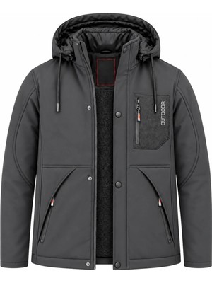 Sivaist Erkek Gri Kapüşonlu Kışlık Softshell Suya Dayanıklı Fermuarlı Cepli Outdoor Mont