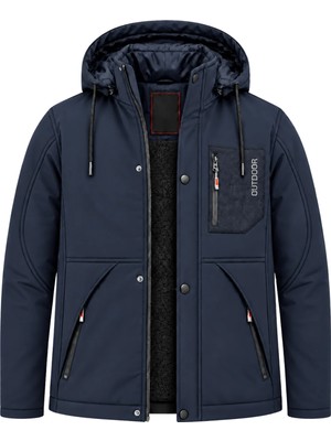 Sivaist Erkek Lacivert Kapüşonlu Kışlık Softshell Suya Dayanıklı Fermuarlı Cepli Outdoor Mont