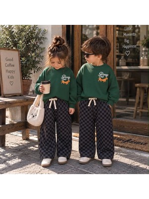 Cg Kids The Sausage Club Sosis Köpek Baskılı Yeşil Sweatshirt  Füme Gri Damalı Kareli Eşofman Altı Kız&erkek Çocuk Takım